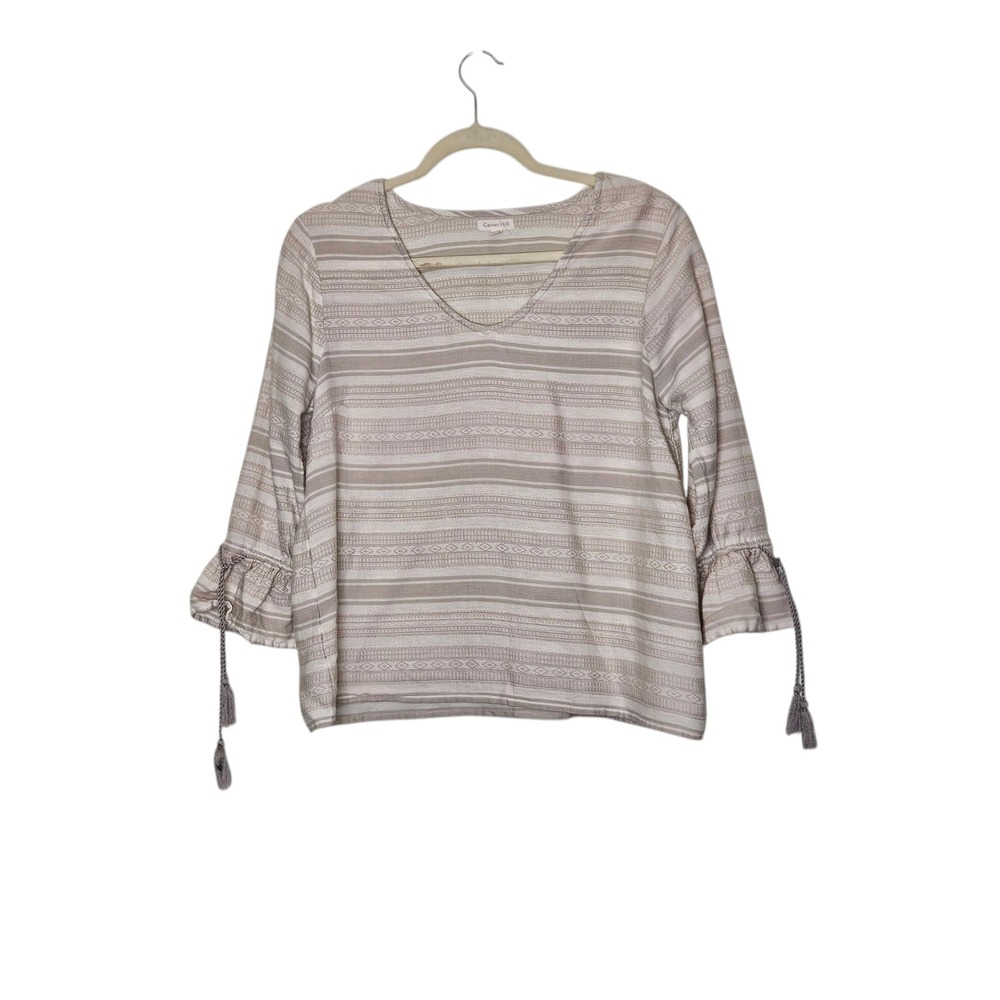 Garnet Hill Boho Tunic Top Women's Size 10 Striped Bell Sleeve Tassel Organic